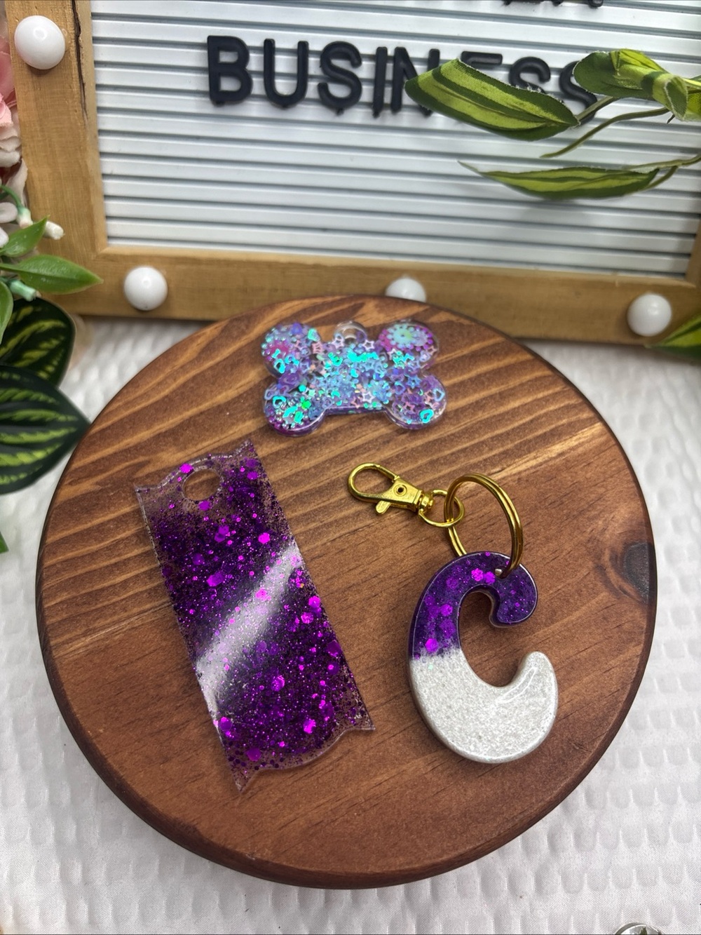 Purple & Silver Glitter Resin Keychain Set